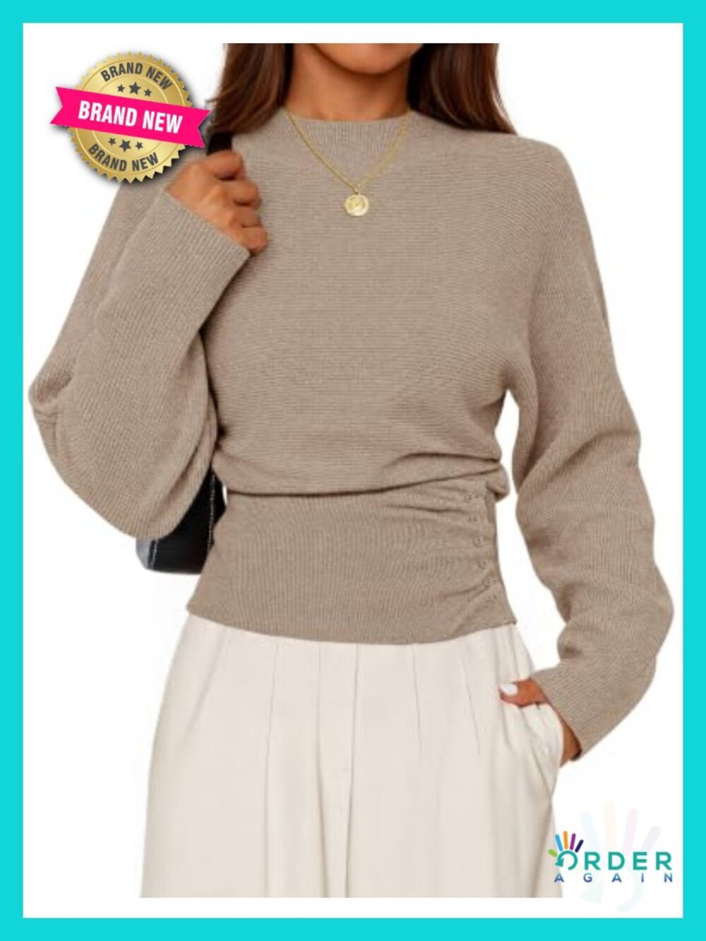 Women's Mock Neck Batwing Sleeve Ribbed Knit Pullover Sweater